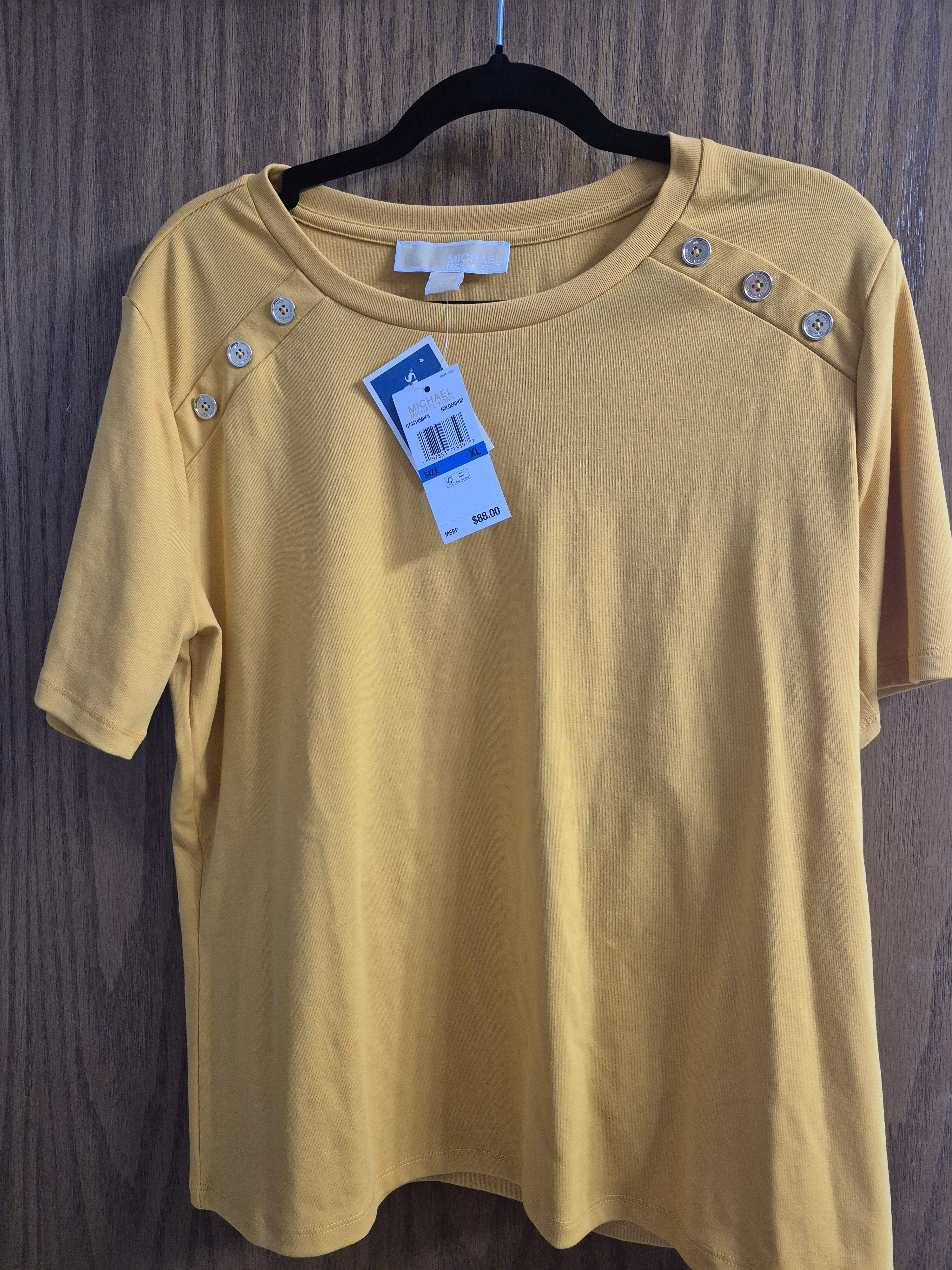 Michael Kors Short-Sleeve Yellow Button-Accent Tee